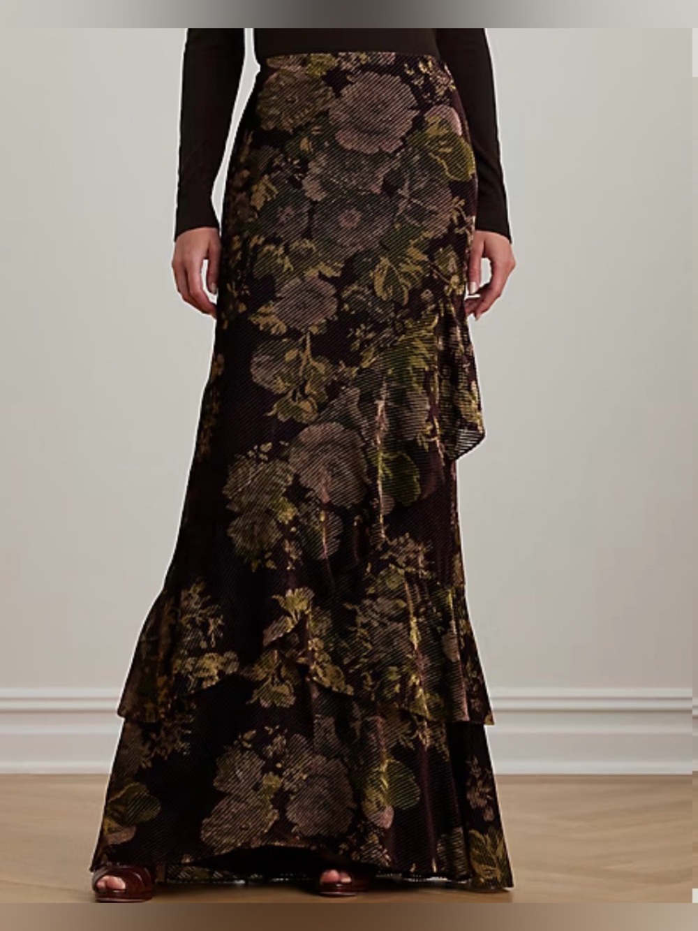 Lauren Ralph Lauren Floral Burnout Velvet Tiered Maxi Skirt Brown Sz 10 NWT - Picture 3 of 9